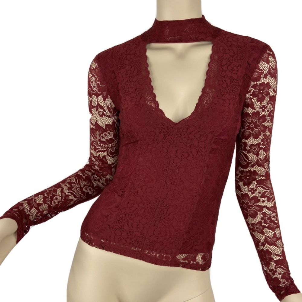 Bebe Burgundy Lace Cutout Long Sleeve Top